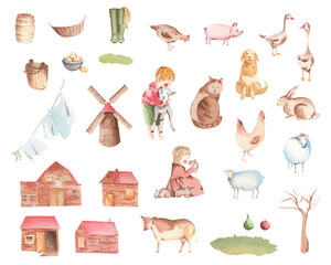 Farm animals, houses, people, mills and nature watercolor set