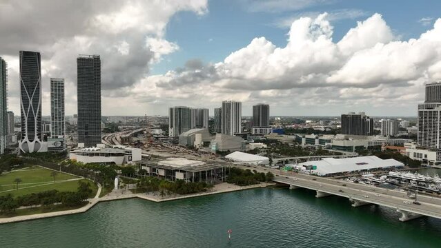 Aerial rising reveal Downtown Miami FL USA