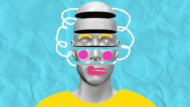 Minimal graphic colorful psychedelic design. Human body abstract art concept with doodle draw shapes. Realistic 3d character man or woman in creative stop motion style. Cartoon fashion loop animation