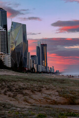 Colouful sunset skies from Surfers Paradise beach. Gold Coast.