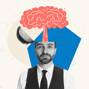 Creative design. Businessman, manager, team leader with volcano explosion head symbolizing brainstorming