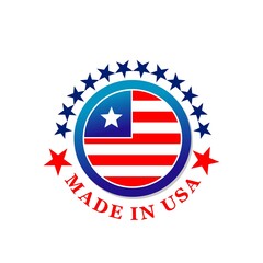 Made in USA label icon with vector flag of United States of America. Isolated round badge with American national banner of red, white and blue stripes and stars, product quality guarantee sign