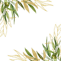 Naklejka premium Watercolor Floral Corner with Olive branches, Gold Glitter Botanical Frame, Olive Berries and Branches Border, Hand painted Exotic illustration on white background, Floral Split border for wedding