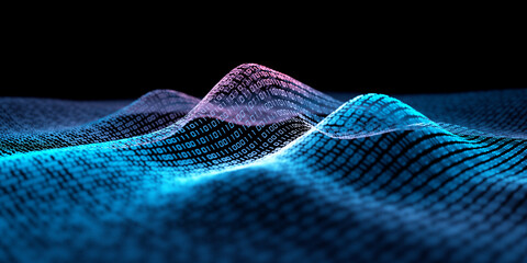 Waves in a digital binary code structure - 3D illustration - obrazy, fototapety, plakaty
