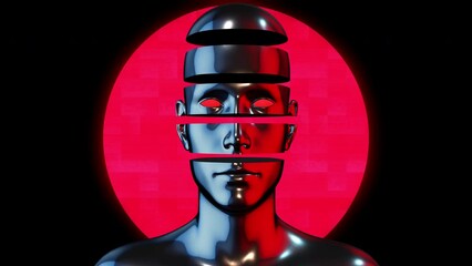 Creative retro futuristic motion art. Abstract chrome metal human body with hologram shape on black background. Modern bright fashion 3d animation. Technological digital vivid concept man or woman.