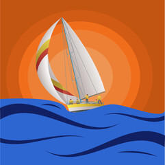 A sailing boat floating on the waves against the background of the sun and rays.