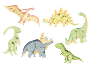 Adult dinosaurs watercolor illustrations for nursery, baby shower, invitations