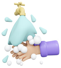 3D Rendering of washing hand with water and soap isolated on white background concept of hygiene and health. 3D render illustration minimal cartoon style.