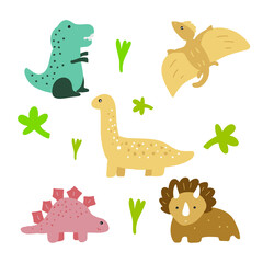 Obraz premium Cute dino characters set. Jurassic cartoon dinosaurs vector illustration. Brontosaurus, tyrannosaurus, t rex, stegosaurus, pterodactyl, diplodocus