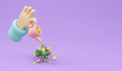 3D Rendering of growing of money tree by coins from watering pot with copy space concept of financial investment. 3D Render. 3D illustration.