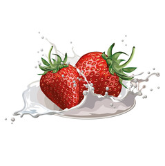 Ripe strawberry fruits in milk liquid.