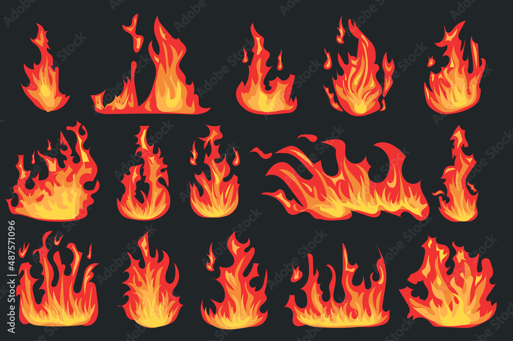 Poster hot flaming fires different shapes set isolated elements. bundle of bright red and orange flame effe