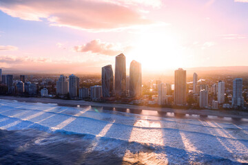 Sunset views over Gold Coast cityscape and beach © Bostock