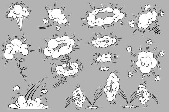 Bang and cloud explosions in comic style set isolated elements. Bundle of smoke effects frames with splashes and curve moving to express energy of motion. Vector illustration in flat cartoon design.