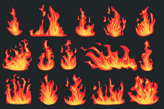 Hot flaming fires different shapes set isolated elements. Bundle of bright red and orange flame effects. Heat energy and power. Campfire and wildfire. Vector illustration in flat cartoon design.