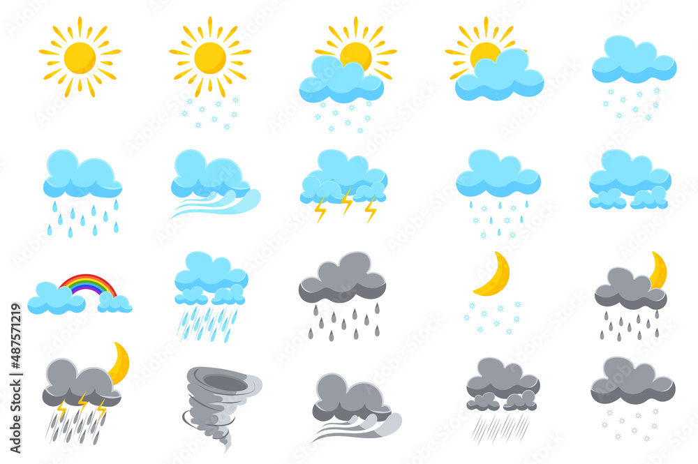 Poster symbols for weather forecasts set isolated elements. bundle of clear sun, cloudy sky, snowfall, wind