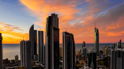Colourful sunrise skies over Surfers Paradise, view over Surfers Paradise cityscape, Gold Coast 