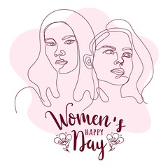Happy women's day. 8 march. Continuous line  drawing of womens faces. Face line art. Fashion concept, woman beauty