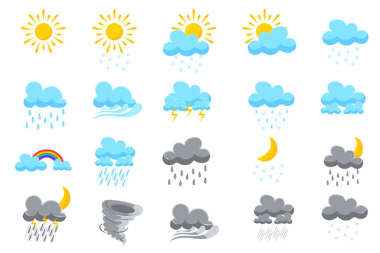 Symbols for weather forecasts set isolated elements. Bundle of clear sun, cloudy sky, snowfall, windy, thunderstorm, rain, rainbow, drizzle and others. Vector illustration in flat cartoon design.