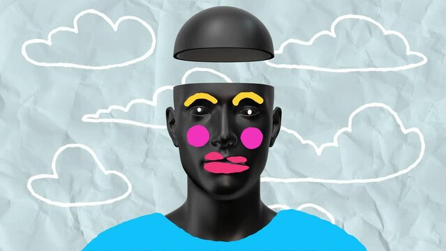 Minimal graphic colorful psychedelic design. Human body abstract art concept with doodle draw shapes. Realistic 3d character man or woman in creative stop motion style. Cartoon fashion loop animation