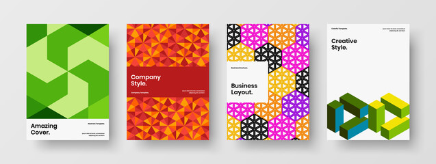 Premium company brochure A4 design vector layout set. Trendy mosaic shapes flyer illustration collection.