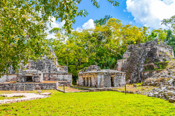 Ancient Mayan site with temple ruins pyramids artifacts Muyil Mexico.