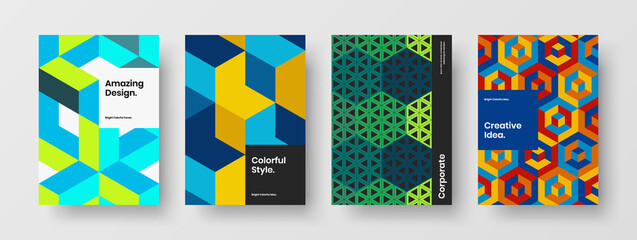 Colorful geometric shapes front page layout composition. Vivid poster A4 vector design concept bundle.