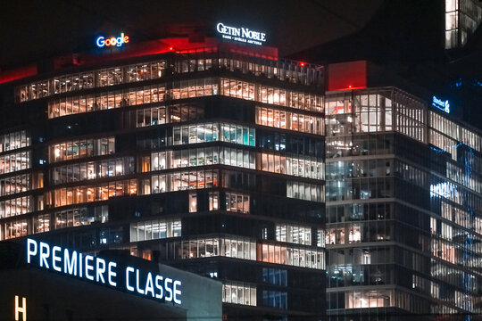February 2nd, 2022 - Poland, Warsaw - Modern office buidlings, night photograph