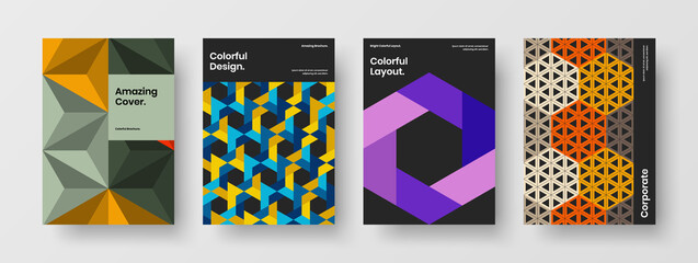 Obraz premium Trendy geometric tiles flyer illustration bundle. Simple magazine cover A4 vector design layout collection.