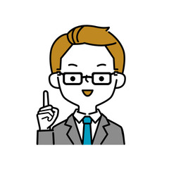 説明をするポーズのメガネをかけた笑顔のビジネスマンのシンプルなイラストアイコン