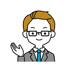 案内のポーズをする眼鏡をかけた笑顔のビジネスマンのシンプルなイラストアイコン