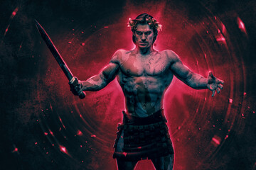 Fototapeta na wymiar Greek warrior with gladius posing against red abstract background