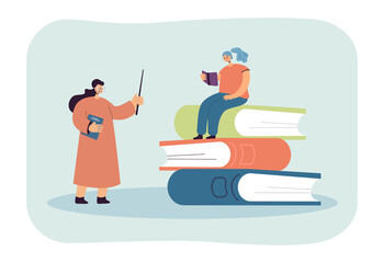 Girl reading on pile of books during class. Female teacher in eyeglasses and with pointer teaching lesson flat vector illustration. Education concept for banner, website design or landing web page