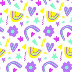Cute doodle rainbow, flower, heart seamless pattern. Modern vector repeat print. Flat cartoon illustrations design in violet, yellow and mint green colors.