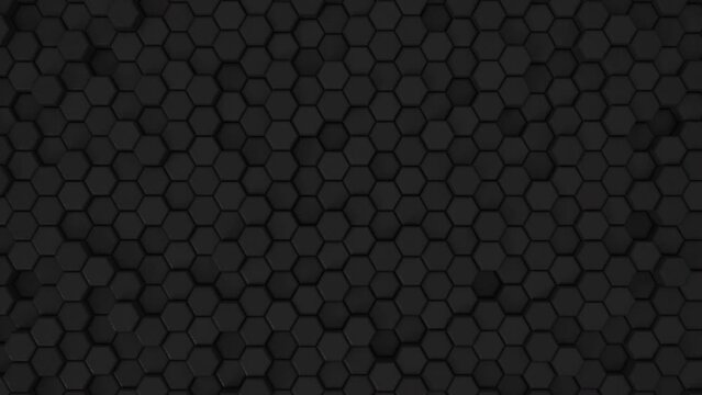 Abstract Hexagon Geometric Surface Loop 5 Black: dark minimal hexagonal grid pattern animation in deep midnight black. Clean background with glossy black hexagon shapes. Space grey. Dramatic feel