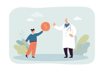 Girl giving gold coin to doctor flat vector illustration. Patient paying therapist for appointment, treatment or home visit. Health care cost concept for banner, website design or landing web page