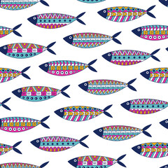Decorative Fishes with traditional Mexican Aztec and Mayan Ethnic Ornament Seamless Pattern. Hand drawn Ancient tribal Inсa style Sea Animal texture in vibrant colors. Marine Life vector background