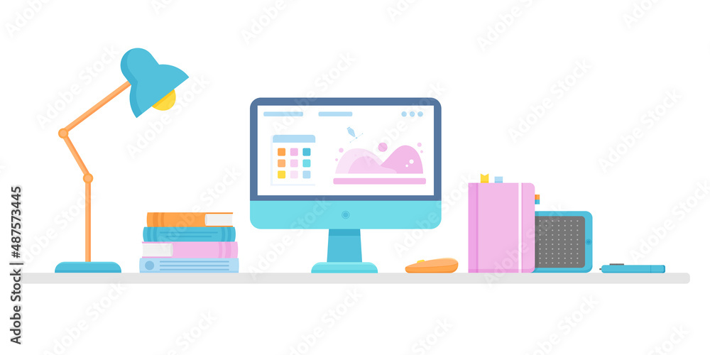 Fototapete Desktop of a graphic designer. Vector illustration of a workspace with a computer and a graphics tablet for creating graphic content.