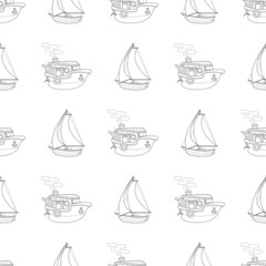Outline sailboat and ship. Seamless pattern with cartoon boats. Vector.