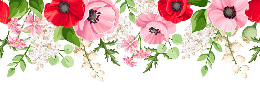 Horizontal seamless border with hanging red, pink, and white poppy, lilac, and lily of the valley flowers. Vector illustration