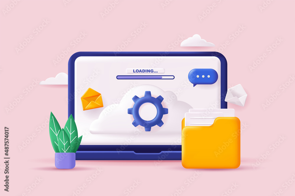 Aufkleber Cloud computing concept 3D illustration. Icon composition with loading digital files site interface and folder. Backups in cloud storage and computing data. Vector illustration for modern web design