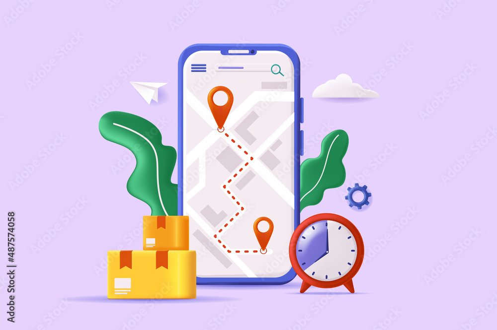 Poster delivery tracking concept 3d illustration. icon composition with mobile app interface with pins at m