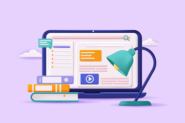 Education and e-learning concept 3D illustration. Icon composition with site interface with educational platform, online lessons, video lectures and books. Vector illustration for modern web design