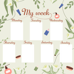 Fototapeta premium Planner for women. Place for records. Notepad with flowers and cosmetics. Vector stock illustration. Flat style. Green background. Notebook. Plants .