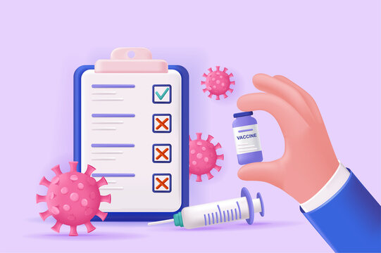 Covid-19 vaccination concept 3D illustration. Icon composition with medical questionnaire, syringe, viruses and bottle with vaccine. Immunity and health care. Vector illustration for modern web design
