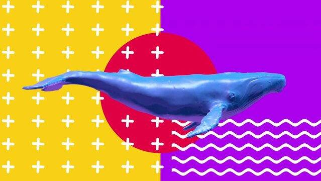 Swimming blue whale. Abstract art concept with geometric shapes. Realistic 3d character animal in creative modern motion style. Minimal graphic colorful psychedelic memphis design. Fashion animation.