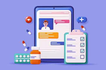 Medical and pharmacy concept 3D illustration. Icon composition with online chat of consulting doctor, questionnaire and medications. Medicine and healthcare. Vector illustration for modern web design