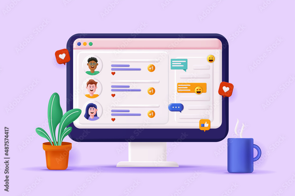 Poster social network concept 3d illustration. icon composition with website interface with user profiles a