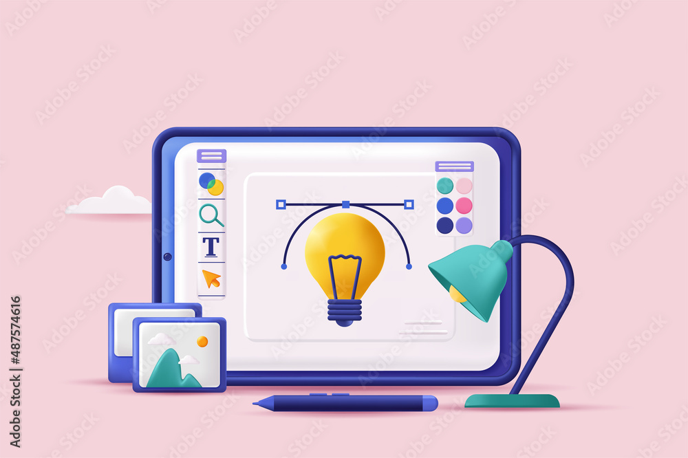 Aufkleber Web design concept 3D illustration. Icon composition with program interface for drawing graphic elements for site layout. Professional software for designer. Vector illustration for modern web design