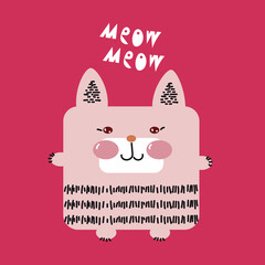 Animal square face cat ,cute kawaii icon doodle.